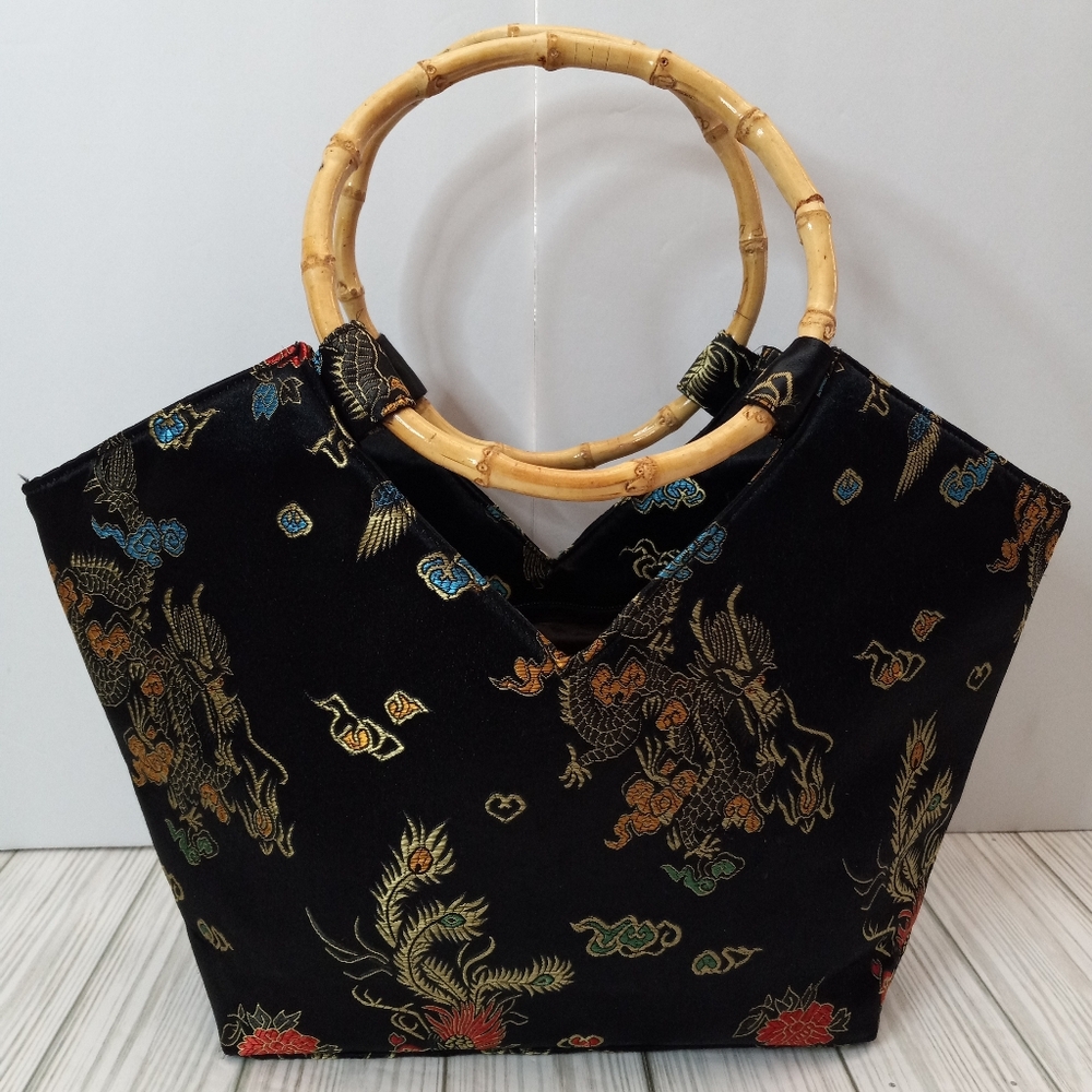 Vintage Y2K Asian Chinese Dragon Print Bamboo Handle Handbag Purse